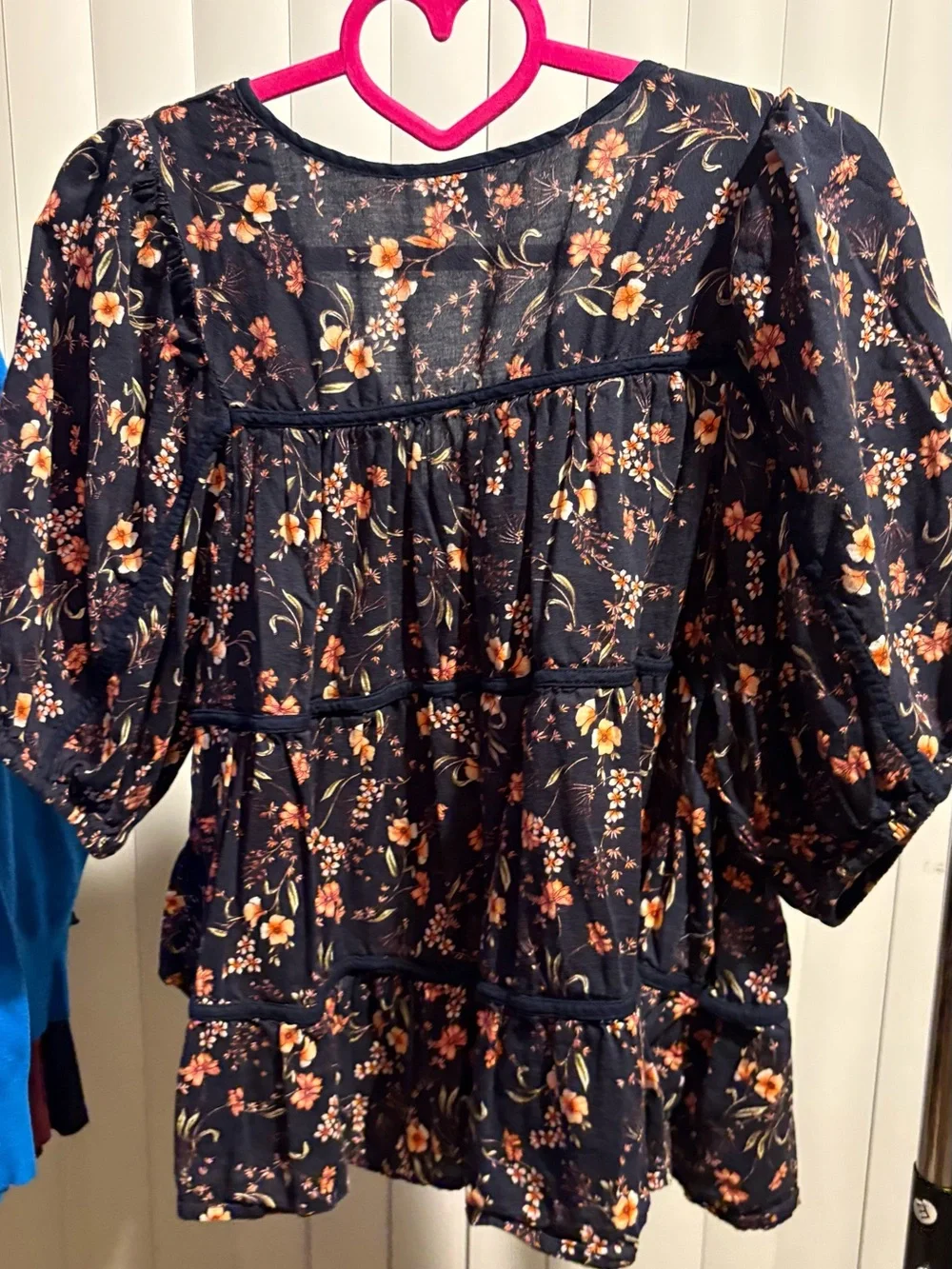 Old Navy Black Floral Puff-Sleeve Blouse with Peach Blooms